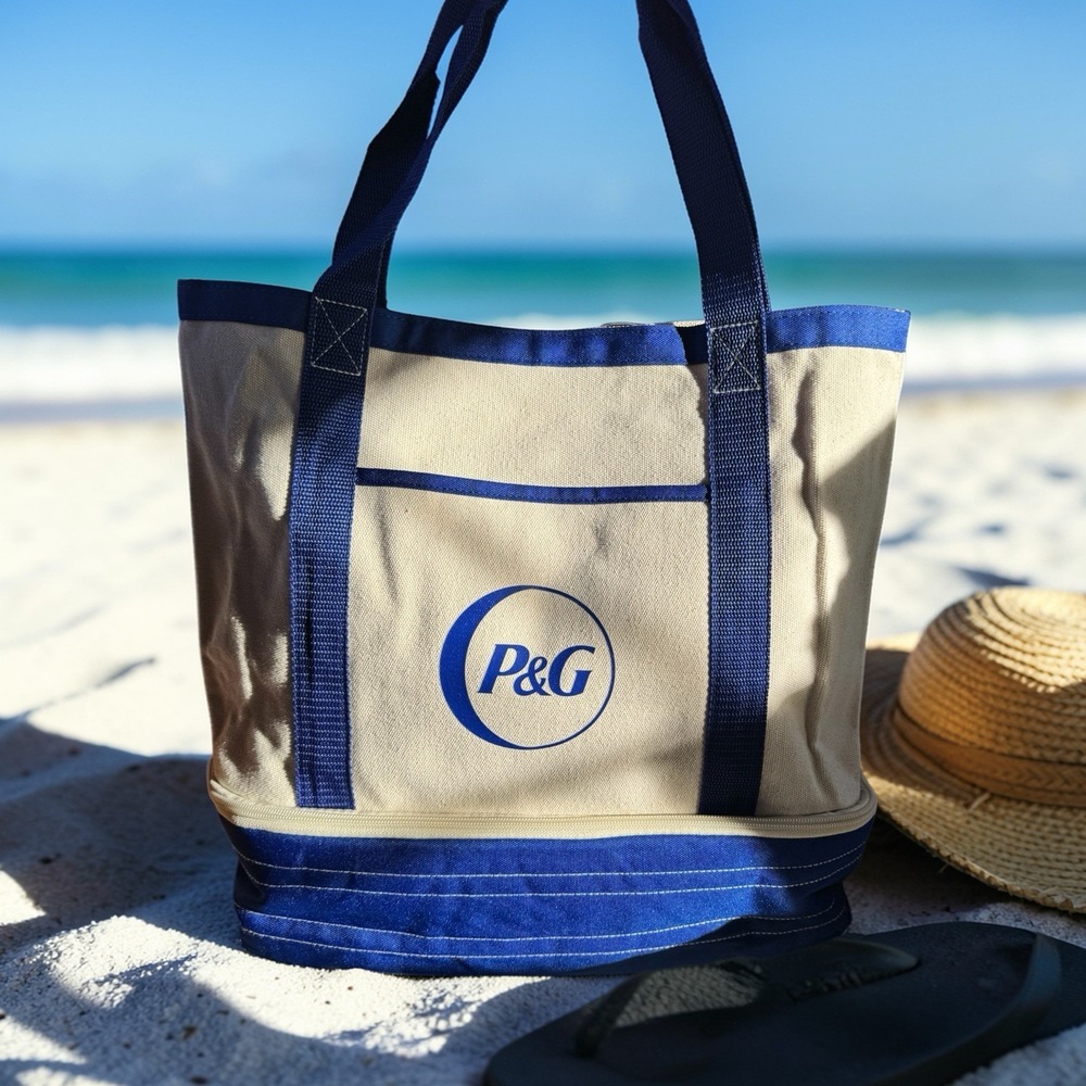 P&G Insulated Blue/Ivory Canvas Tote Bag with Thermal Cooler Bottom –Frnt Pocket
